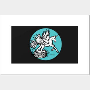 Bluebird Pegasus Unicorn — Inktober Unicorn illustration series Posters and Art